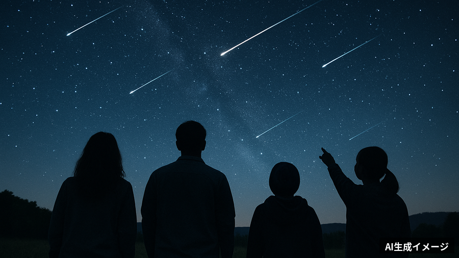 ペルセウス座流星群2026、今夜(8/12夜)から13日未明がピーク 新月で好条件、1時間に35個程度のイメージ